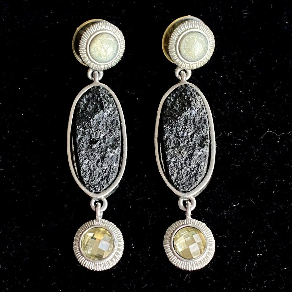 Faux  Black Tourmaline Pale Green Rhinestone Dangle Fashion Post Earrings 2in